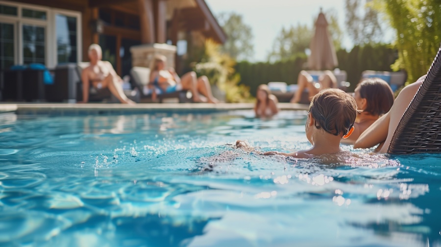 vue sur une piscine à chalon sur saone et des baigneurs